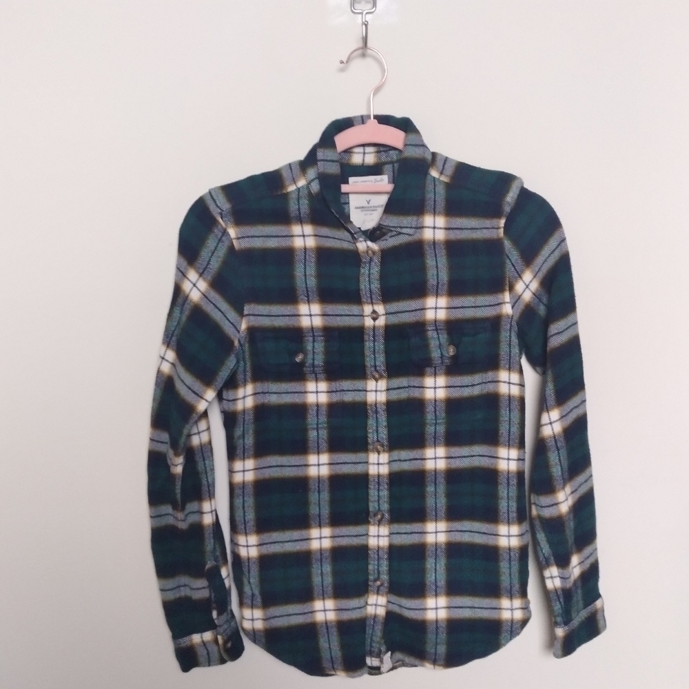 American Eagle Green and Yellow Plaid Flannel Slim Fit Button Up Shirt XS